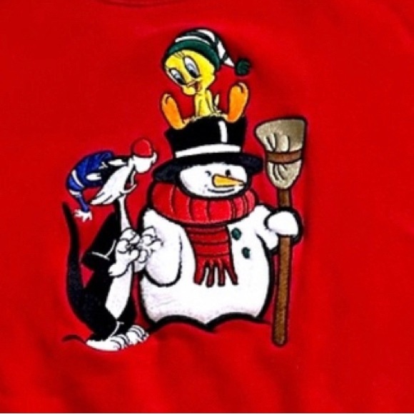 VTG WB STUDIO STORE Looney Tunes Christmas Sweatshirt Snowman Sylvester Tweety M - Picture 3 of 6